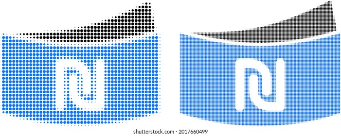 Icono del billete de medio tono de Pixel shekel. Composición vectorial de medio tono del icono del billete de shekel organizado de elementos esféricos.