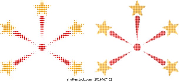 Pixel halftone star fireworks icon. Vector halftone composition of star fireworks icon created of round dots.