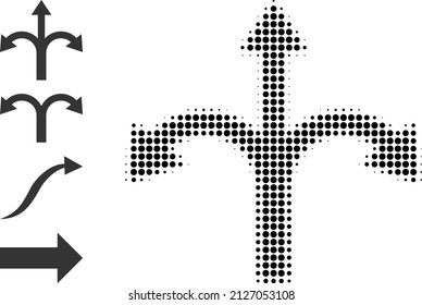 Pixel halftone triple bifurcation arrow icon, and additional icons. Vector halftone composition of triple bifurcation arrow icon formed with round items.