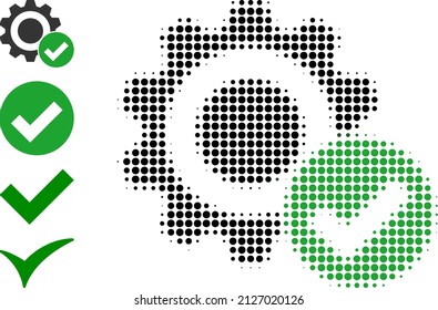 Pixel halftone valid gear icon, and bonus icons. Vector halftone pattern of valid gear icon organized of spheric elements.