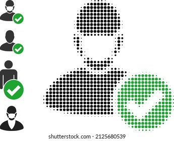 Pixel halftone valid masked man icon, and original icons. Vector halftone collage of valid masked man icon designed of round points.