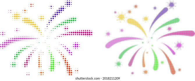 Pixel halftone viral fireworks icon. Vector halftone mosaic of viral fireworks symbol organized of spheric pixels.