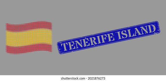 Pixel halftone waving Spain flag icon, and Tenerife Island dirty rectangle seal imitation. Vector halftone collage of waving Spain flag icon done from circle items.