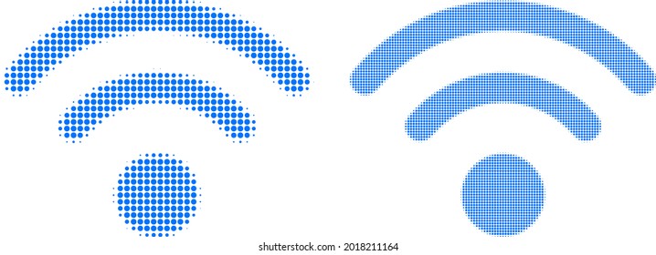 Pixel halftone wi-fi source icon. Vector halftone collage of wi-fi source icon combined from circle items.