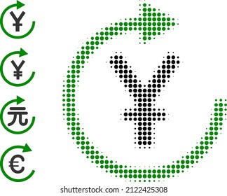 Pixel halftone yen repay icon, and original icons. Vector halftone composition of yen repay icon constructed of circle points.