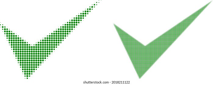 Pixel halftone yes sign icon. Vector halftone collage of yes sign icon created of circle dots.