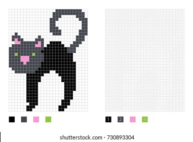 Pixel halloween black cat in the coloring page with numbered squares, vector illustration