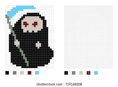 Pixel halloween death with oblique in the coloring page with numbered squares, vector illustration