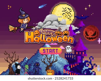 Pixel of Halloween picture with pumpkin jack lanterns, shadows of witches, bats, ghosts and a cemetery theme with a gradient background of yellow and purple. Halloween event celebrate on october 31st