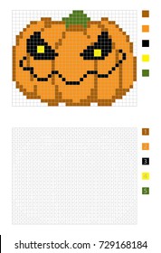 Pixel halloween pumpkin in the coloring page with numbered squares, vector illustration
