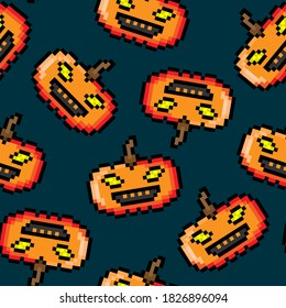 Pixel halloween pumpkins isolated on dark blue background. Cute festive pixelated seamless pattern. Vector flat graphic illustration. Texture.