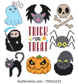 Pixel halloween set in the coloring page with numbered squares, vector illustration