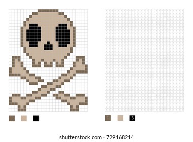 Pixel halloween skull with bones in the coloring page with numbered squares, vector illustration