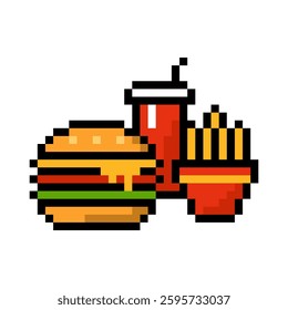 Pixel hamburger with soda and french fries. Colorful appetizing snack bread and beef bun with cheese and can of sweet drink for gaming and advertising vector design