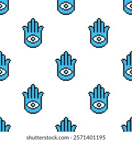 pixel hamsa hand Seamless Pattern vector spirituality eye background pixel art for 8 bit game