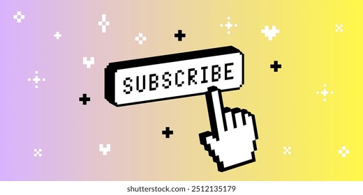 Pixel hand click cursor on Subscribe Button and sparkles. 3d pixel vector illustration for social media. Y2k trendy elements in pixel art. Clicking icon cursor. 8 bit retro style vector background