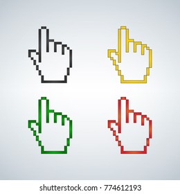Pixel hand cursor different colors set . Vector icon.
