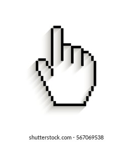 Pixel hand cursor icon - black vector illustration with  shadow