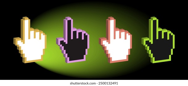 Pixel Hand cursor icon flat. 3D hand mouse cursor icon various colors, Click finger. Isometric pixel pointer, forefinger. Design elements for collage