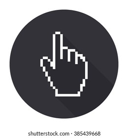 pixel hand cursor icon with long shadow - vector round button