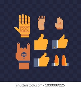 Pixel hand cursor icons set. Rock sign gesture. Hand pointer. Forefinger up. Video game sprite. Isolated vector illustration. Design for stickers, logo, embroidery, mobile app.