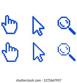 Pixel hand, cursor and magnifying glass icon
