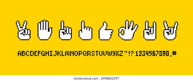 Pixel hand cursor and rebel gesture vector icons in 8-bit game. Rock sign gesture. Trendy icons set Forefinger up, Like and Dislike hand symbol. Okay hand gesture. Vector Pixel graphics for retro game