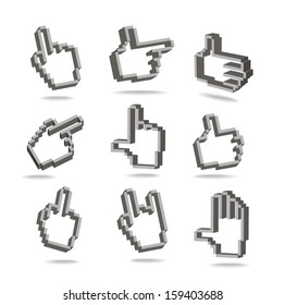 Pixel hand cursors collection in perspective isolated on white