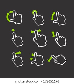 Pixel hand cursors collection in perspective. Guide with basic gestures to work with modern gadgets