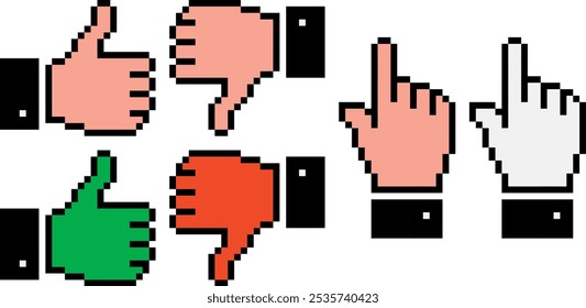 Pixel hand with finger up, down, and pointing. Vector pixel set of like and dislike ratings.