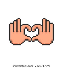 Pixel hand, hand gesture in the form heart symbol, two hands joined in a heart symbol.