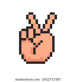 Mano de píxeles, gesto de mano en forma de símbolo de paz.
