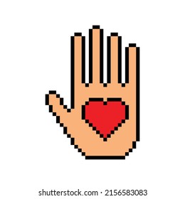 pixel Hand with heart icon.  Vector pixel art Hand with heart 8 bit logo for game