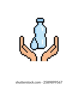 pixel hand holding bottle of water drop icon.  Vector pixel art water care 8 bit save water logo for company save water icon