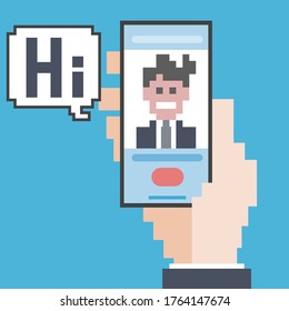 Pixel hand holding smartphone with customer service guy.Vector illustration of online chatting with smartphone concept.