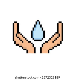 pixel hand holding water drop icon.  Vector pixel art water care 8 bit save water logo for company 