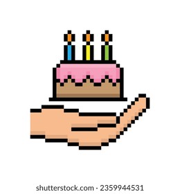 la mano del píxel contiene el icono del pastel de 8 bits, el icono del juego del pastel de cumpleaños del postre del píxel.