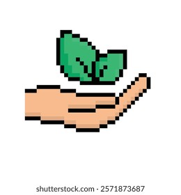  pixel hand holds Leaf  sign icon.  eco ecology sign art icon vector 8 bit game 