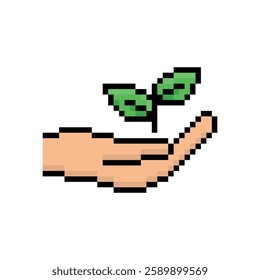  pixel hand holds Leaf  sign icon.  eco ecology sign art icon vector 8 bit game save nature