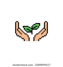  pixel hand holds Leaf  sign icon.  eco ecology sign art icon vector 8 bit game save nature