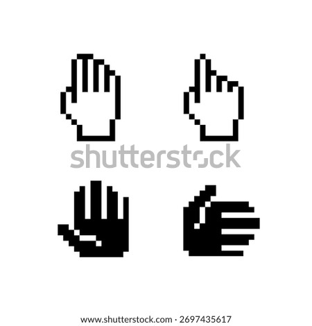 Pixel hand icons in retro 8-bit style. Includes open palm, pointing hand, cursor click, and gesture shapes. Perfect for game UI, cursor design, retro interfaces, and minimal black and white art.