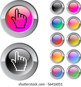 Botones de web redondeados multicolores de la mano del píxel.