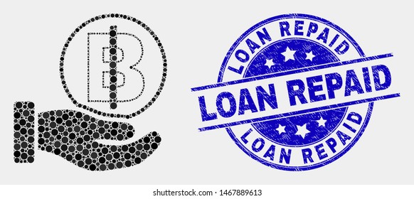 Pixel hand offer bitcoin mosaic icon and Loan Repaid seal stamp. Blue vector round distress seal stamp with Loan Repaid title. Vector collage in flat style.