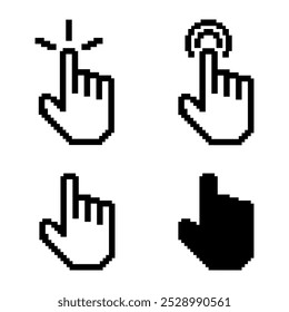 Icono del cursor del ratón del puntero de la mano del píxel, diseño vibrante, juguetón, retro, de 8 bits, mejora la interacción del usuario, estética encantadora, perfecta para juegos.