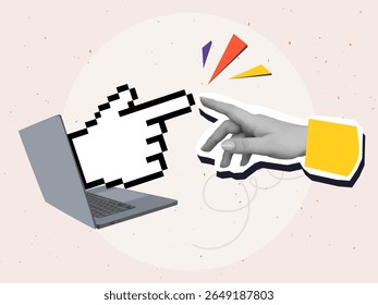 Pixel hand reaches from a laptop screen to human's hand. Modern photo collage style. Vector illustration