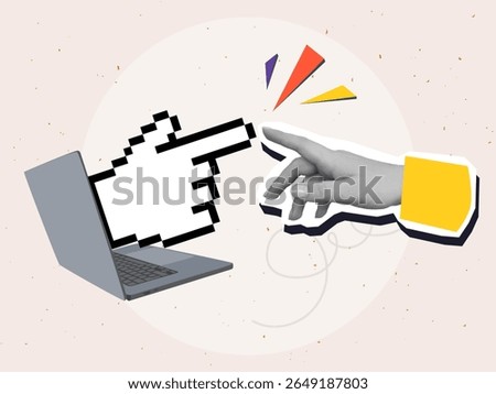 Pixel hand reaches from a laptop screen to human's hand. Modern photo collage style. Vector illustration