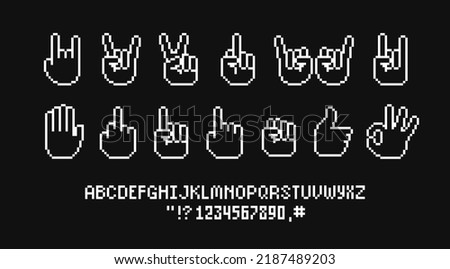 Pixel hand rebel gesture vector icons in 8-bit game style. Rock sign gesture. Middle Finger and Forefinger up. Like and Dislike hand symbol. Okay hand gesture. Vector Pixel graphics for retro game