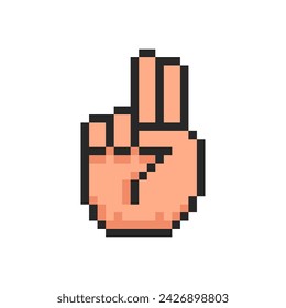 Pixel hand, hand shows two fingers up.