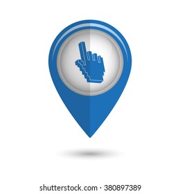 pixel hand - vector icon;  blue map pointer