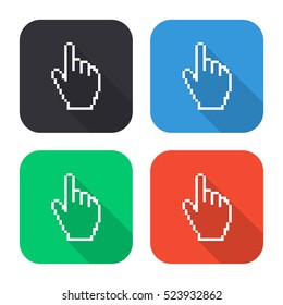 Pixel hand vector icon - colored illustration (gray blue green red)  with long shadow